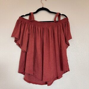 We The Free Free People Rust Red Smocked Cold Shoulder Flutter Sleeve Top M